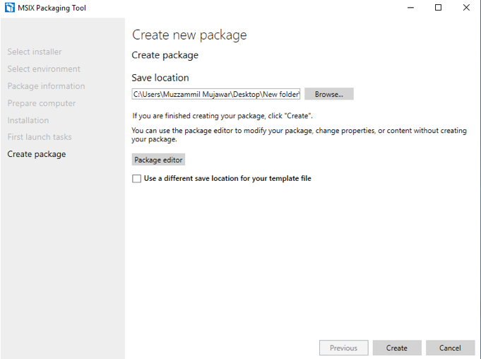 Specify the package location and click "Create"